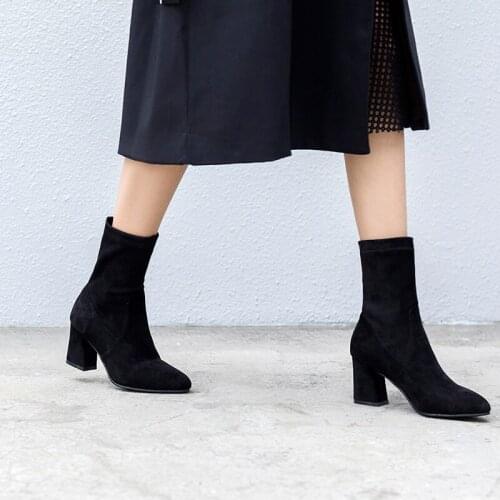 Womens Boots Square toe Yarn Elastic Ankle Boots Thick Heel High Heels Shoes Woman Female Socks Boots 2019 fall winte