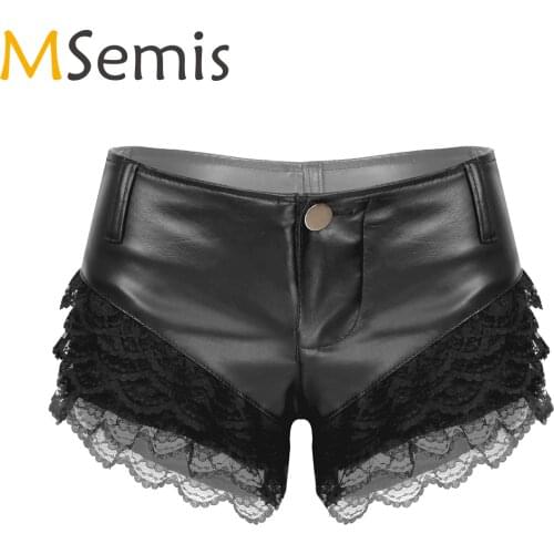 MSemis Womens Lace Patchwork PU Leather Shorts Ladies Fashion Streetwear Low Waist Button Hot Pants Rave Parties Dance Clubwear
