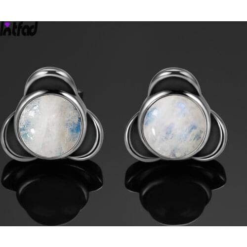 925 Sterling Silver Round Natural Moonstone Stud Earrings Elegant Jewelry for Women Engagement Wedding Party Anniversary Gift
