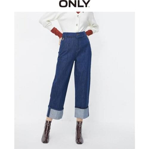 ONLY Womens Loose Fit 100% Cotton High-rise Wide-leg Rolled Crop Jeans | 120149573