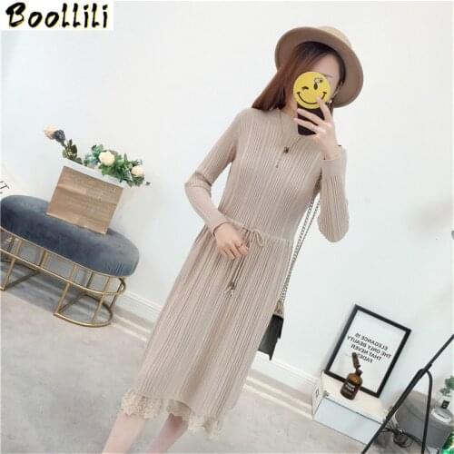 Boollili 2020 Womens Turtleneck Knitted Dress Female Fashion Autumn Winter Long Sleeve Casual Black Lace Dresses Vestidos