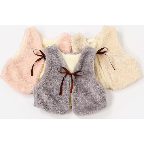 Baby Girl Vests Waistcoats Faux Fur Coat with Ribbon Bow Kids Sleeveless Jacket Outerwear Childrens Clothing New Arrivals