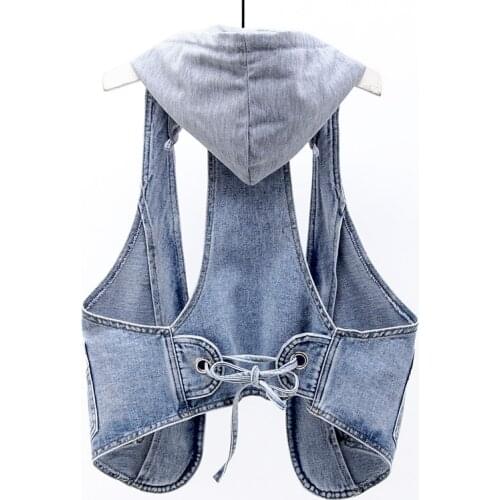 2020 Spring Summer New Denim Womens Short Hooded Waistcoat Vintage Slim Sleeveless Female Outerwear Casual Jeans Vest Jackets