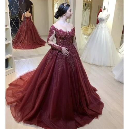 Ball Gown Long Sleeves Scoop Neck Evening Dress Sexy Appliques Court Train Sukienki Wizytowe Formal Robe De Soiree 2021 Lace-up