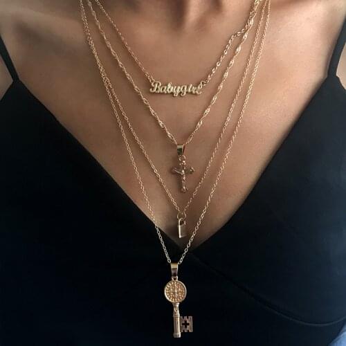 Fashion contracted neck chain necklace with golden cross letters key pendant lady wedding anniversary party party accessories