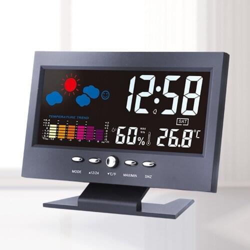 Digital Thermometer Hygrometer Weather Station Alarm Clock Temperature Gauge Colorful LCD Calendar Voice-activated