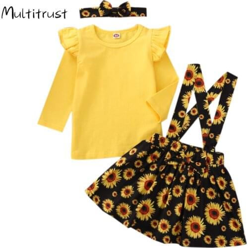 3Pcs Children Summer Outfit O-Neck Ruffle Long Sleeve T-Shirt + Black Sunflower Printing Suspender Skirt + Headband for Girls