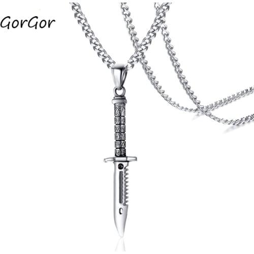 GorGor Necklace Men Stainless Steel Dagger Pendant Long Steel-color Chain Simplicity Individuality Hipster Accessories PN-937