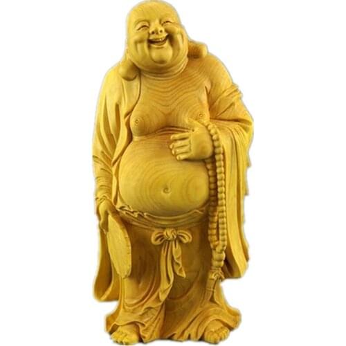 Delicate Lovely Chinese Traditional Handicrafts Boxwood Maitreya Statue - Smile to Often Open