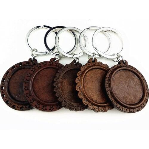 Jiangzimei 8pcs fit 25mm cabochon dark brown wood keychain base settings blank wooden trays for DIY keyring Keychain making