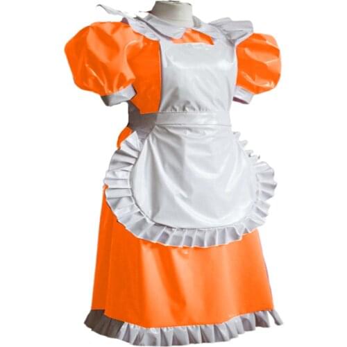 Plus Size Lovely Lolita Maid Ruffle Hem Mini Dress PVC Wetlook Cosplay Suit With Apron Ladies Waitress Party Stage Costume