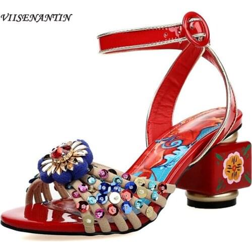 Retro Color Printed Leather Summer New Product Flower Rhinestone Shaped with A Buckle Round Toe Open Toe Womens Party Sandals