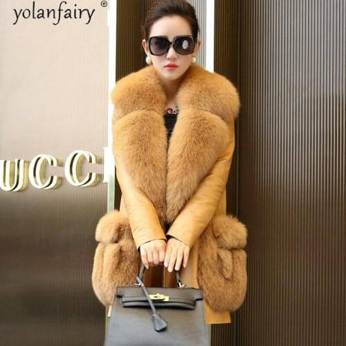 2020 Genuine Leather Jacket Women Winter Down Jacket Real Fox Fur Collar Sheepskin Coat Female Parka Cuero Genuino AM233 Pph1496