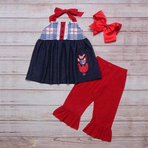 Summer Fashion Style Cotton Girls Suit Straps Embroidered Navy Bblue Top And Red Trousers Childrens Boutique Clothing