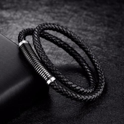 Fashion Black Leather Men Bracelets Silver Color Stainless Steel Bracelets For Women Trendy Unisex Magnet Bracelet Bangles