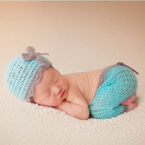 Natual Mohair Newborn Photography Props Costumes Bowknot Cap/Hat+Pants 2pcs Set Baby Knitted Photo Accessories Infant Outfit