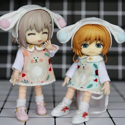 OB11 is suitable for 1/12 size white base dress + cute cartoon straps skirt + rabbit ji hair ornaments + underwear 4 pieces set