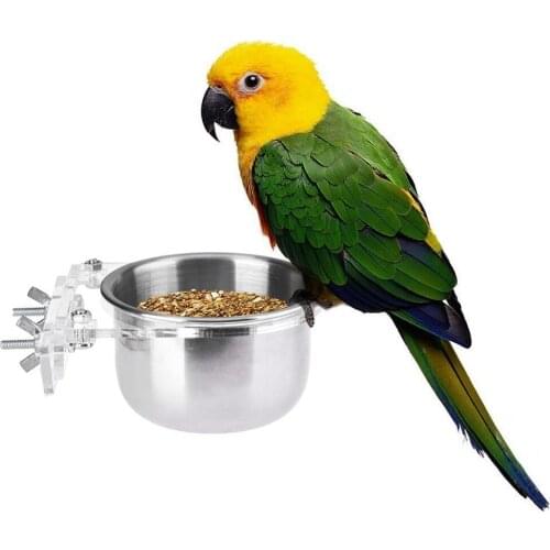 Bird Stainless Steel Food Water Bowl with Acrylic Clamp Holder Parrot Hanging Cup for Cockatiel Conure Budgies