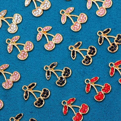 Multicolor Rhinestone Golden Alloy Cute Cherry Charms 10Pcs Metal Fruit Pendant For DIY Earring Handmade Accessories Wholesale