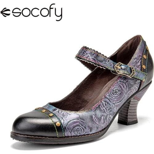 SOCOFY Elegant Floral Embossed Leather Hook Loop Ankle Strap Cone Heel Mary Jane Pumps Summer Sandals Women Shoes 2021