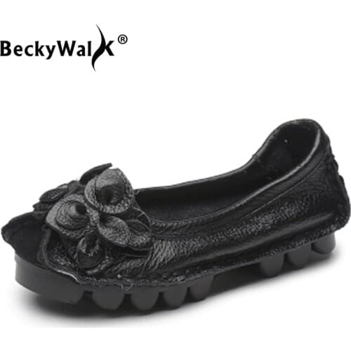 BeckyWalk Women Flats Shoes Genuine Leather Shoes Woman Soft Handmade Moccasins Retro Flowers Loafers Plus Size 35-42 WSH2985