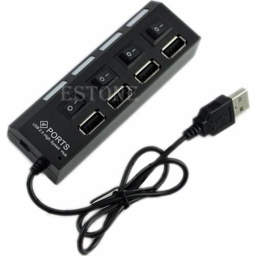 1Pc Portable Black 4 Port USB 2.0 High Speed External Multi Expansion Hub with ON OFF Switch High Quality Drop Shipping