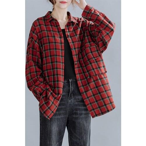 Women Blouse 2021 Long Sleeve Plaid Blouse Cotton linen Plus Size Outwear Loose Spring Blouse Female Spring Casual Blouse Shirts