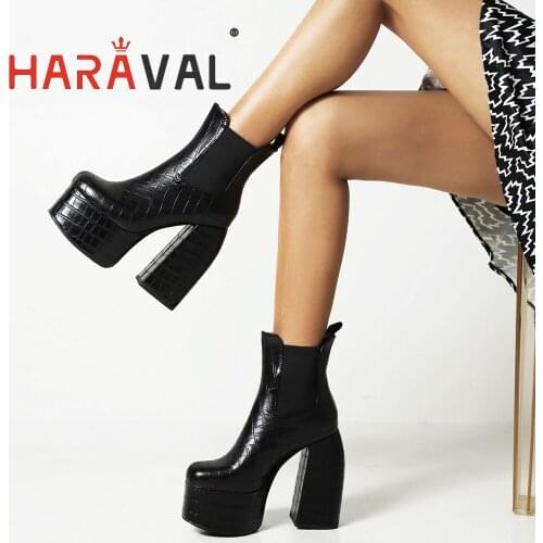 HARAVAL Women Ankle Boots Shoes High Heels Motorcycle Boots Round Toe Black Platform Eleagnt Fashion Elegant Shoes Women E472L