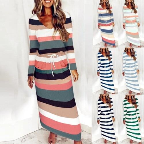 2021 Women Spring Winter Casual Full Long Sleeve Pocket Strip Dress Boho Bow Befree Maxi Dress Plus Sizes Dresses Robe Femme