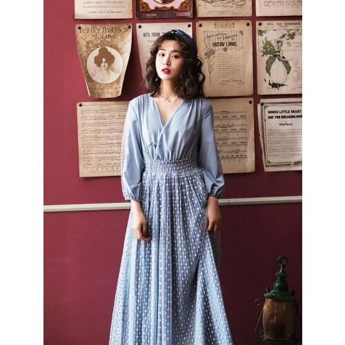 Design Spring Original Women Vintage Elegant Slim Casual Loose V-Neck Embroidery Polka Dots Mesh Long Dresses