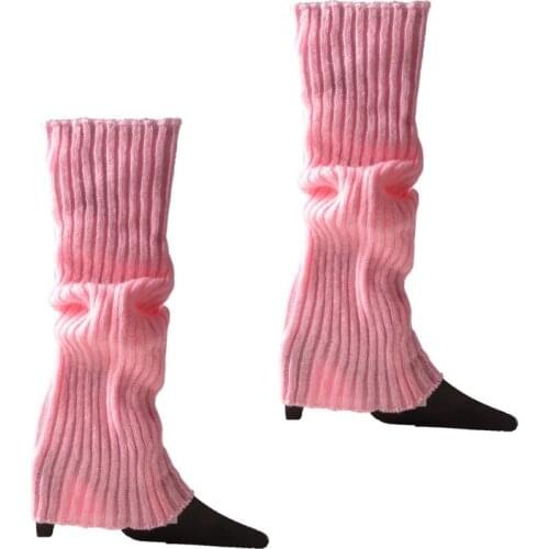 066C Women Vintage 80s Ribbed Knitted Leg Warmers Fluorescent Color Crochet Long Boot Socks Stockings for Party Dance Yoga