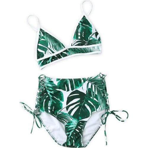 2019 Sexy Womens Green Leaves Printing Tie Side String High Waist Bottom Shown Cleavage Padded Wireless BIkini Set Bathing Suit