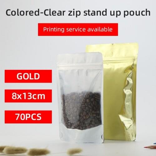 8x13cm 70pcs GOLD stand up pouch with zipper aluminum foil zip lock bag gold and clear packaging bag for Tea coffee pet food