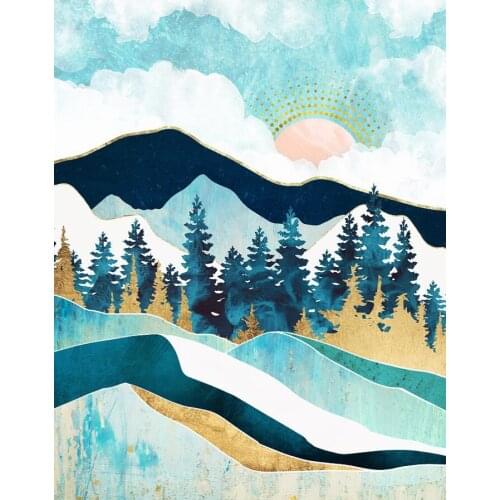 Gold Blue Metal Forest Abstract Canvas Painting Sunset Mountain Rivers Printing Pictures Wall Picture Bedroom Home Decoration