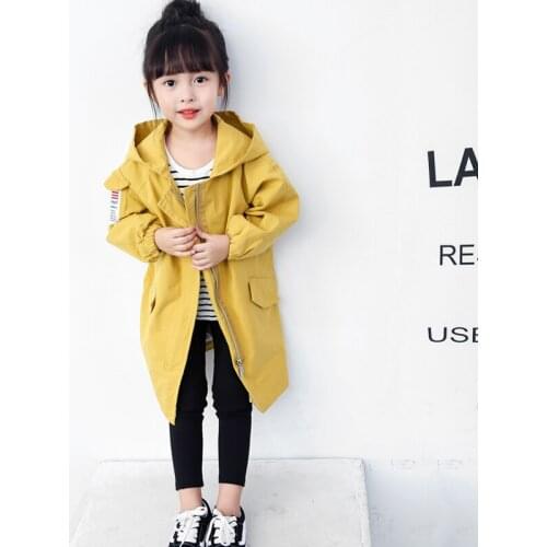 2020 Spring & Autumn Girls Long Windbreaker Hooded Jacket Childrens Casual Solid Long Trench Coat Kids Patches Outerwear X138