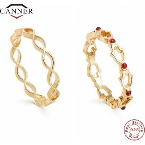 CANNER Real 925 Sterling Silver INS Zircon Contour Stacking Ring for Women Red CZ Crystal Wedding Finger Rings Jewelry Anillos