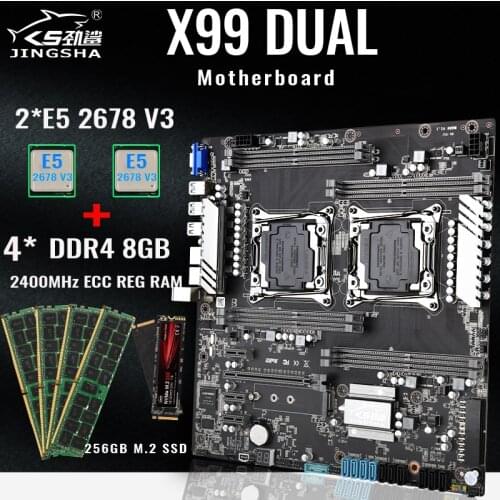 JINGSHA X99 Dual CPU Motherboard Kit LGA 2011-3 E5 V3/V4 with 2*E5 2678V3 and 4*DDR4 8GB 2400MHz ECC REG RAM 256GB M.2 SSD Set