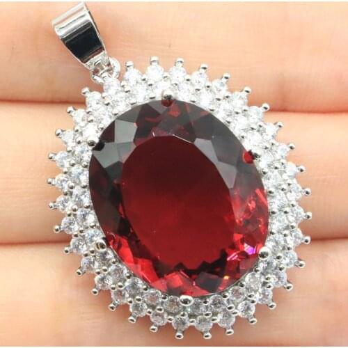 33x23mm Anniversary Big Oval Gemstone Rhodolite Garnet CZ Women Dating 925 Sterling Silver Pendant