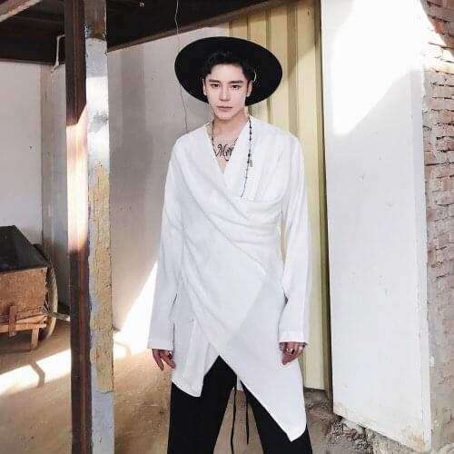 Men Asymmetric Gothic V Neck Rock Singer Long Sleeve T-shirt Casual Top Loose Black White