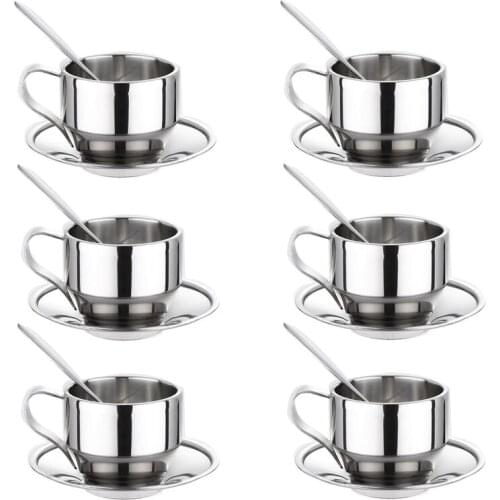 Set Of 6 Coffee Cup With Saucer And Spoon Set,Stainless Steel Double Walled Mug Latte Cappuccino Tea Cups 125Ml/4.2 Oz
