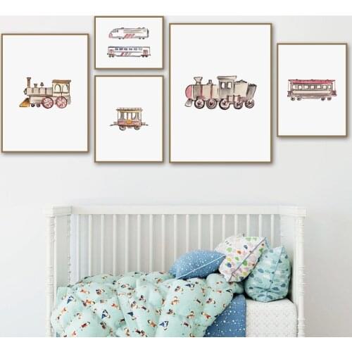 Nordic Posters Prints Watercolor Vehicle Train Scandinavian Wall Art Canvas Painting Modular Pictures Baby Kids Room Home Decor