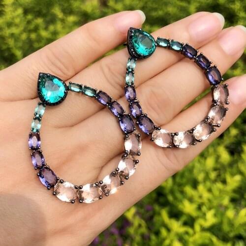 Luxury Big Water Drop Dangle Earrings Colorful Crystal Glass CZ Stone Round Big Hollow Bohemia zircon Earrings For Women jewelry