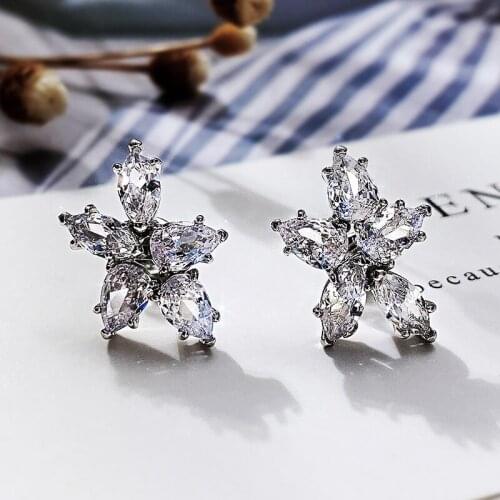 Huitan Chic Flower Stud Earrings with Pear Shape Cubic Zirconia Women Engagement Wedding Accessories High Quality Trendy Jewelry