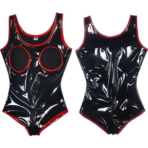 Open Chest One-Piece Vest Nightwear PVC Mirror Latex Ammonia Straitjacket Body Shaper Exposed Breast Open Crotch Erotic Bodysuit