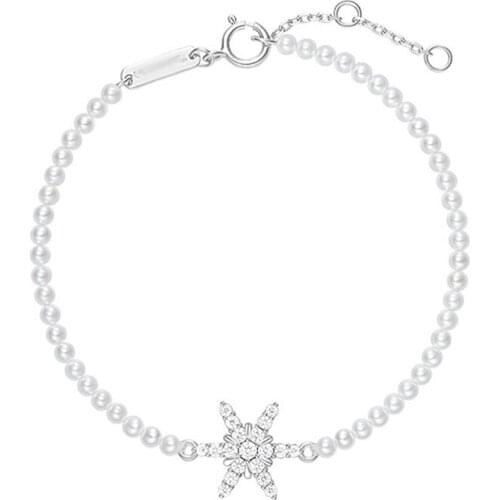 SOELLE Fashion Real S925 Sterling Silver Elegant Snowflake Pearl Beads Bracelet with AAA Zircon Women Fine Brand Party Jewelry