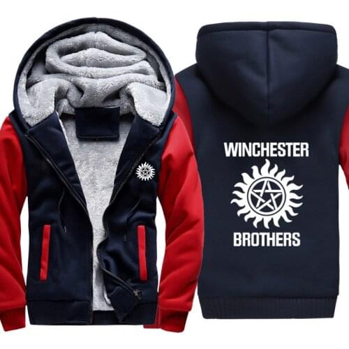 Supernatural winchester brothers Print Hoodies Mens Winter High Quality Warm Thicken Fleece Zipper Sweatshirt Coat Hoody Male