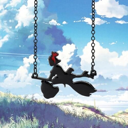 Japan Hayao Miyazaki Witch Necklace Fashion Black Cat Hanging Magic Wand Red Bow Pendant Simple Style Cute Character Jewelry