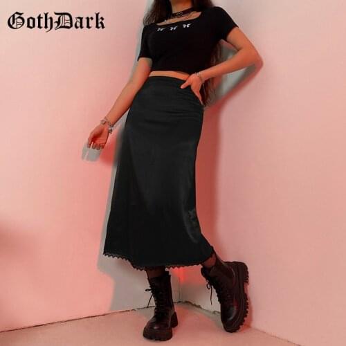 Goth Dark Mall Gothic Silk Black Women Midi Skirts Grunge Punk Aesthetic Harajuku Brown Summer Long Skirt E-Girl Emo Alt Clothes