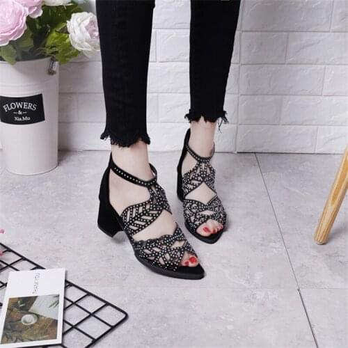 New style sandals mid-heel fish mouth thick with solid color rhinestone zipper womens sandals