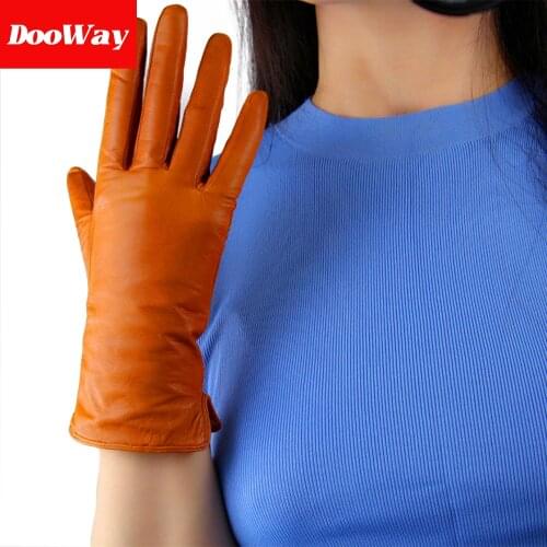 DooWay Classic Real Lambskin Leather Gloves for Women Light Brown Wrist Length Warm lining Handmade Winter Dress Driving Gloves